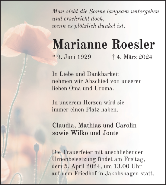 Traueranzeige von Marianne Roesler von Uckermark Kurier Templiner Zeitung