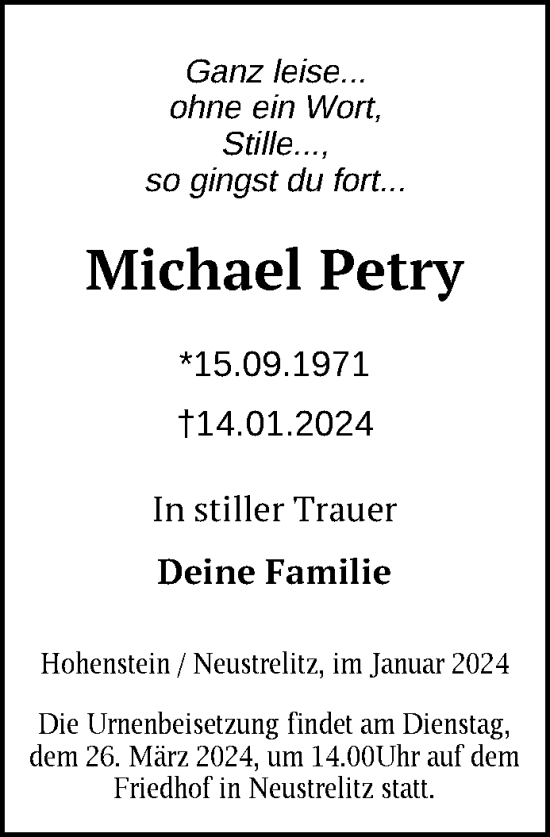 Traueranzeige von Michael Petry von Nordkurier Strelitzer Zeitung