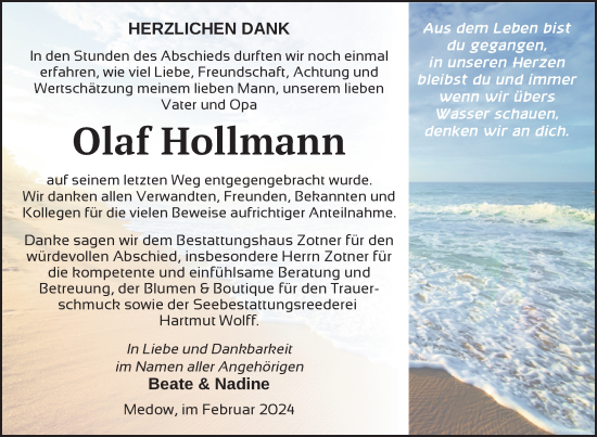 Traueranzeige von Olaf Hollmann von Nordkurier Vorpommern Kurier
