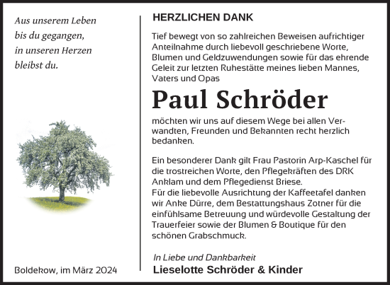 Traueranzeige von Paul Schröder von Nordkurier Vorpommern Kurier