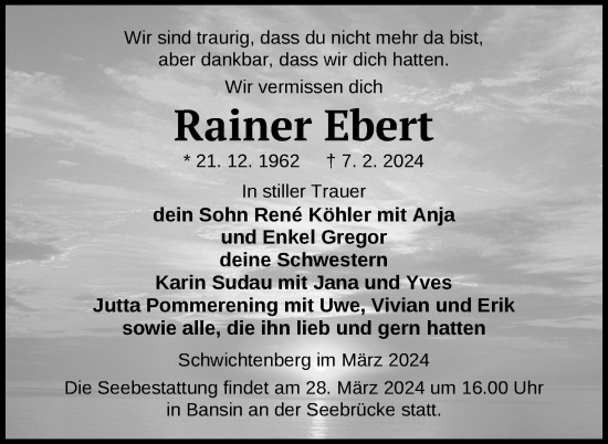 Traueranzeige von Rainer Ebert von Nordkurier Neubrandenburger Zeitung
