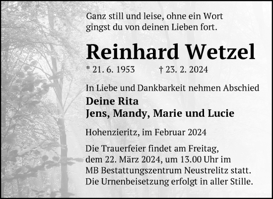 Traueranzeige von Reinhard Wetzel von Nordkurier Strelitzer Zeitung