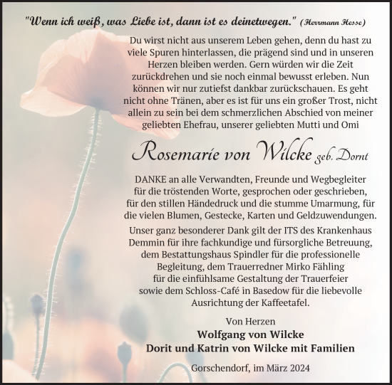 Traueranzeige von Rosemarie von Wilcke von Nordkurier Mecklenburger Schweiz