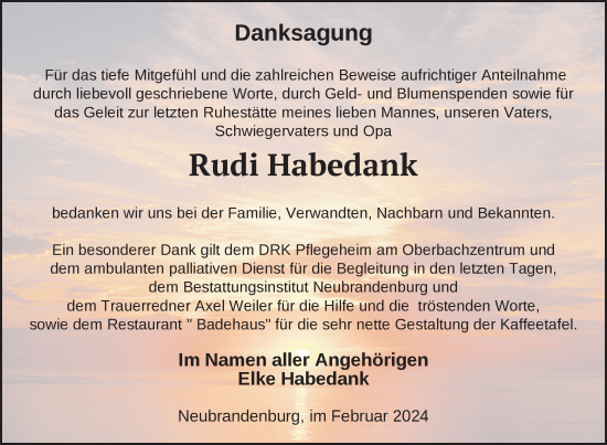 Traueranzeige von Rudi Habedank von Nordkurier Neubrandenburger Zeitung