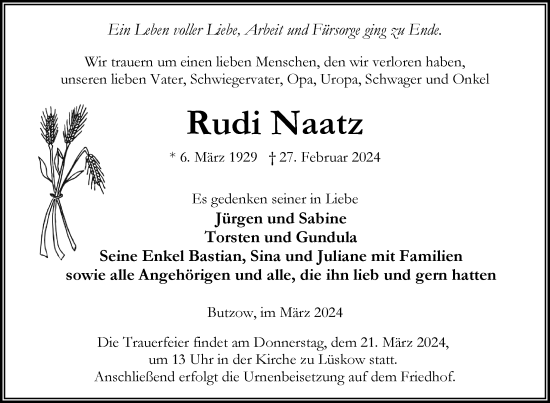 Traueranzeige von Rudi Naatz von Nordkurier Vorpommern Kurier