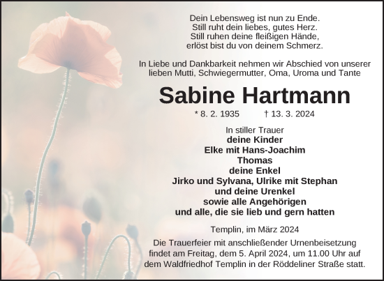 Traueranzeige von Sabine Hartmann von Uckermark Kurier Templiner Zeitung