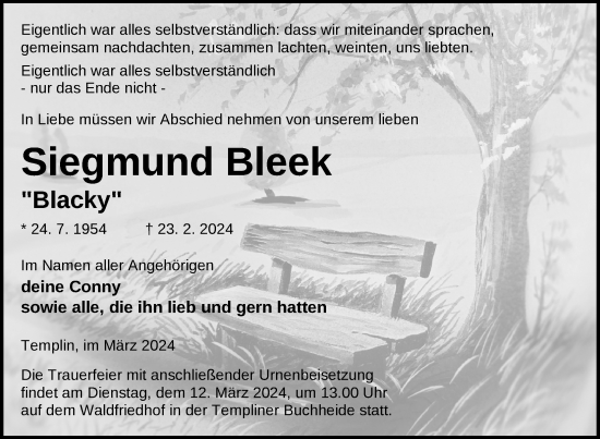 Traueranzeige von Siegmund Bleek von Uckermark Kurier Templiner Zeitung