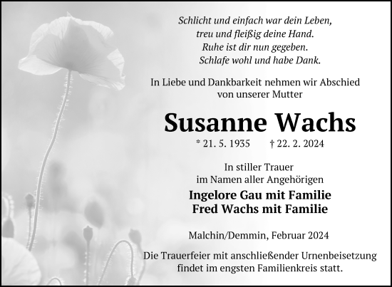 Traueranzeige von Susanne Wachs von Nordkurier Mecklenburger Schweiz