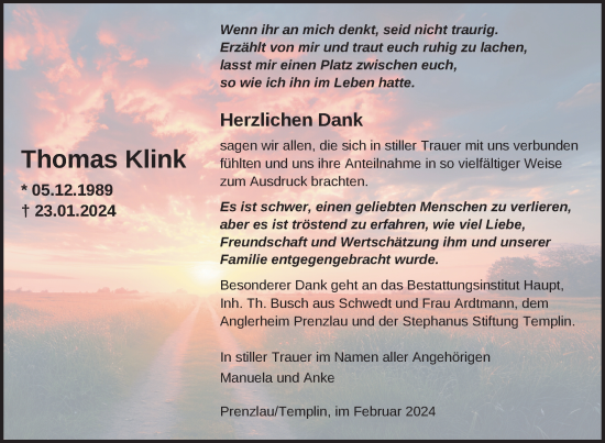 Traueranzeige von Thomas Klink von Uckermark Kurier Prenzlauer Zeitung