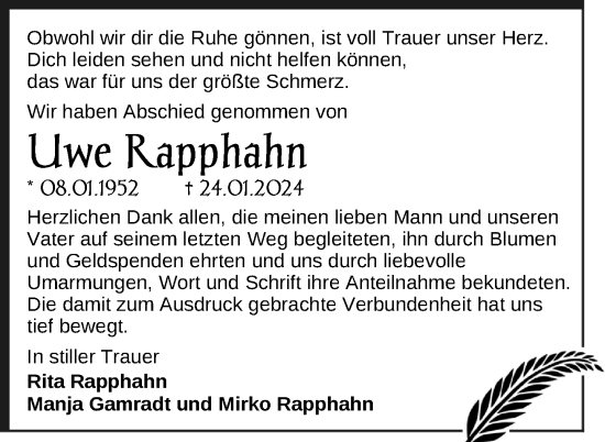 Traueranzeige von Uwe Rapphahn von Nordkurier Vorpommern Kurier
