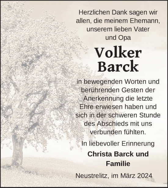 Traueranzeige von Volker Barck von Nordkurier Strelitzer Zeitung