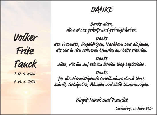 Traueranzeige von Volker Fritz Tanck von Nordkurier Demminer Zeitung