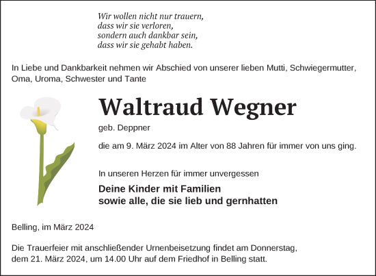 Traueranzeige von Waltraud Wegner von Nordkurier Pasewalker Zeitung