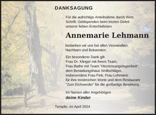 Traueranzeige von Annemarie Lehmann von Uckermark Kurier Templiner Zeitung