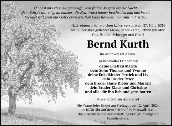 Traueranzeige von Bernd Kurth von Nordkurier Pasewalker Zeitung
