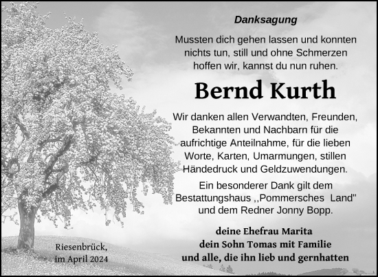 Traueranzeige von Bernd Kurth von Nordkurier Pasewalker Zeitung