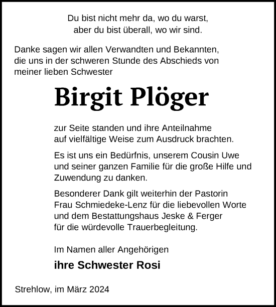 Traueranzeige von Birgit Plöger von Uckermark Kurier Prenzlauer Zeitung