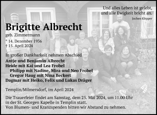 Traueranzeige von Brigitte Albrecht von Uckermark Kurier Templiner Zeitung