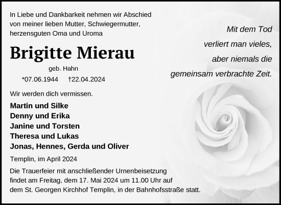 Traueranzeige von Brigitte Mierau von Uckermark Kurier Templiner Zeitung