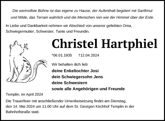 Traueranzeige von Christel Hartphiel von Uckermark Kurier Templiner Zeitung