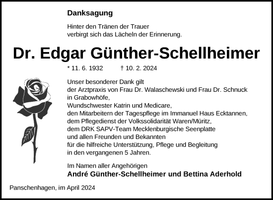 Traueranzeige von Edgar Günther-Schellheimer von Nordkurier Müritz-Zeitung