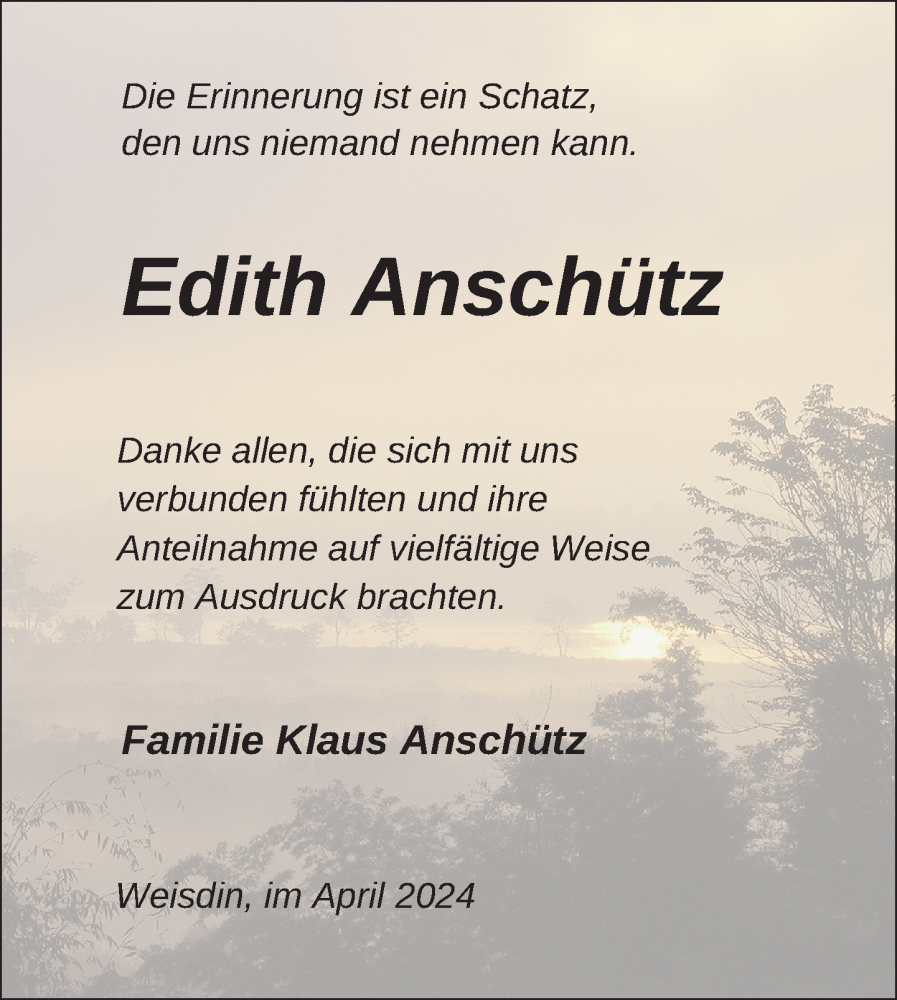  Traueranzeige für Edith Anschütz vom 20.04.2024 aus Nordkurier Strelitzer Zeitung
