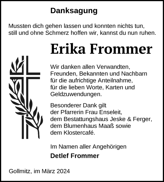 Traueranzeige von Erika Frommer von Uckermark Kurier Prenzlauer Zeitung