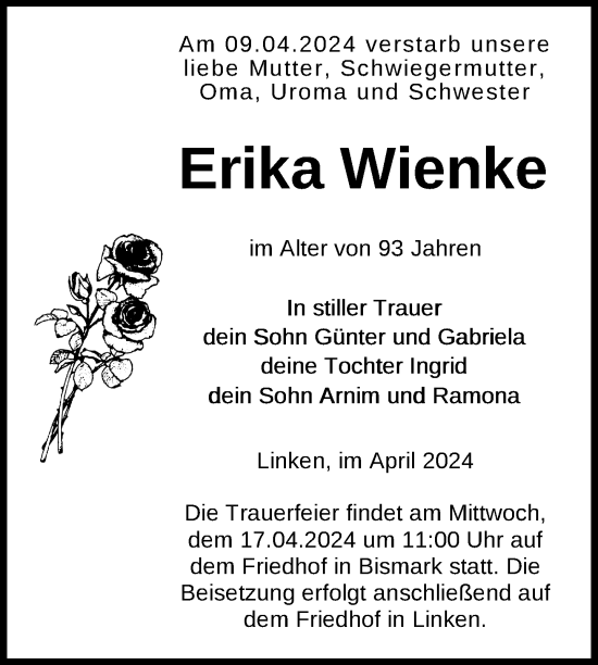 Traueranzeige von Erika Wienke von Nordkurier Pasewalker Zeitung