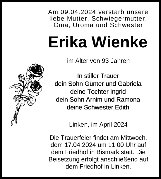 Traueranzeige von Erika Wienke von Nordkurier Pasewalker Zeitung