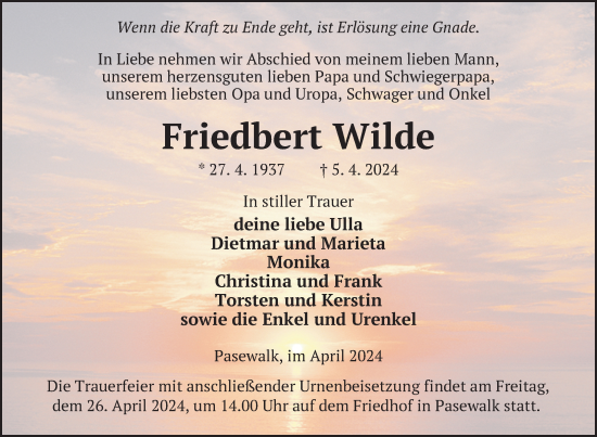 Traueranzeige von Friedbert Wilde von Nordkurier Pasewalker Zeitung