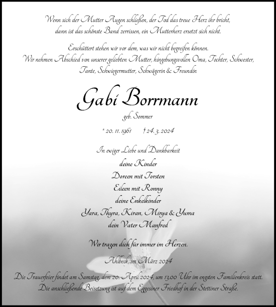 Traueranzeige von Gabi Borrmann von Nordkurier Haff-Zeitung