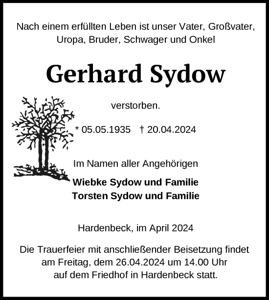 Traueranzeige von Gerhard Sydow von Uckermark Kurier Templiner Zeitung