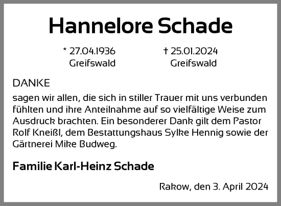 Traueranzeige von Hannelore Schade von Nordkurier Vorpommern Kurier