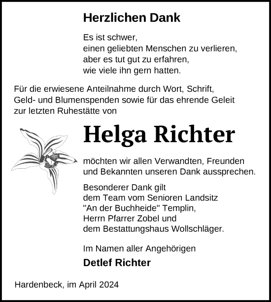 Traueranzeige von Helga Richter von Uckermark Kurier Templiner Zeitung