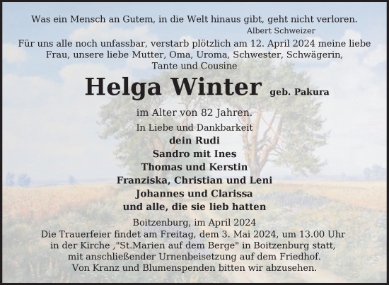 Traueranzeige von Helga Winter von Uckermark Kurier Templiner Zeitung
