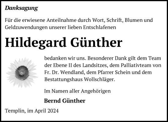 Traueranzeige von Hildegard Günther von Uckermark Kurier Templiner Zeitung