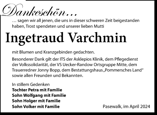 Traueranzeige von Ingetraud Varchmin von Nordkurier Pasewalker Zeitung