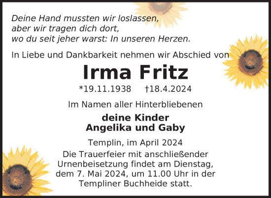 Traueranzeige von Irma Fritz von Nordkurier Neubrandenburger Zeitung