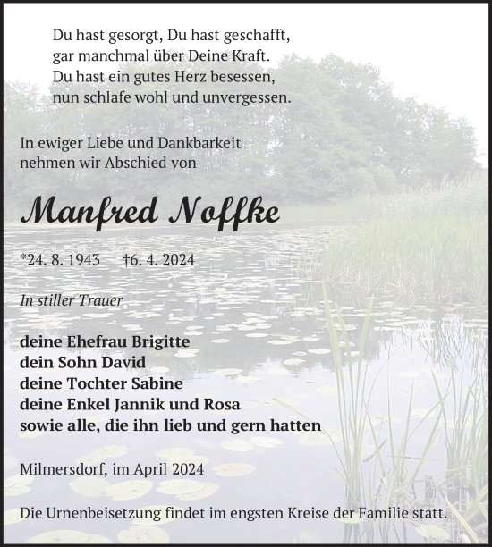 Traueranzeige von Manfred Noffke von Uckermark Kurier Templiner Zeitung