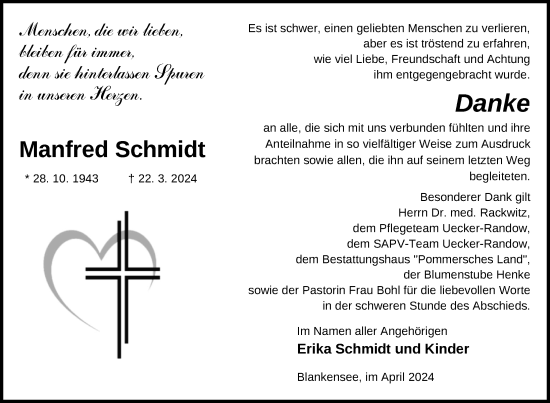 Traueranzeige von Manfred Schmidt von Nordkurier Pasewalker Zeitung