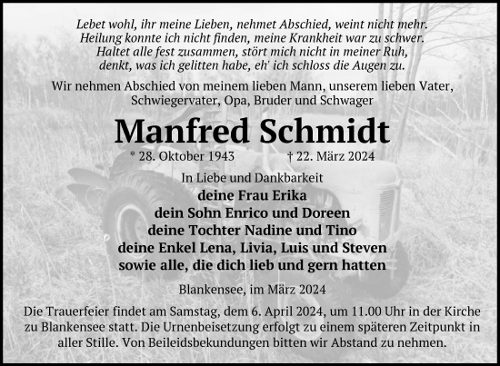 Traueranzeige von Manfred Schmidt von Nordkurier Pasewalker Zeitung