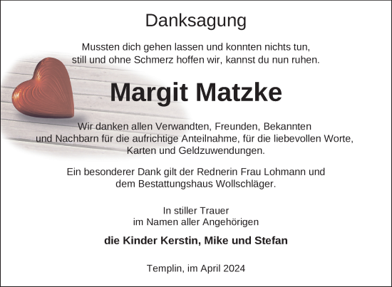 Traueranzeige von Margit Matzke von Uckermark Kurier Templiner Zeitung