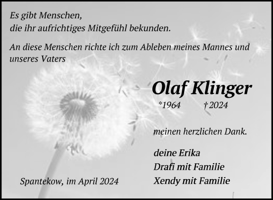 Traueranzeige von Olaf Klinger von Nordkurier Vorpommern Kurier