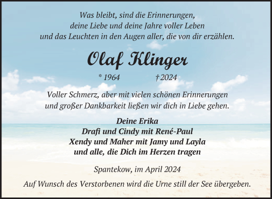 Traueranzeige von Olaf Klinger von Nordkurier Vorpommern Kurier