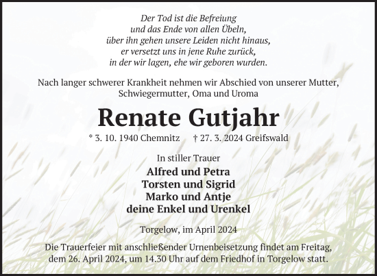 Traueranzeige von Renate Gutjahr von Nordkurier Neubrandenburger Zeitung