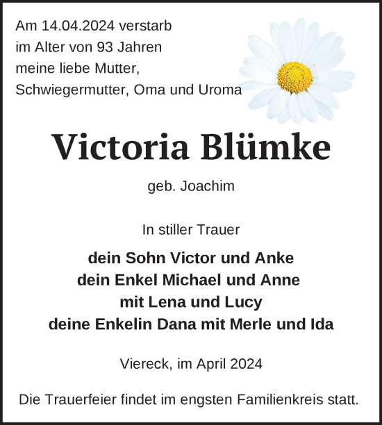 Traueranzeige von Victoria Blümke von Nordkurier Pasewalker Zeitung