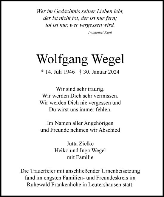 Traueranzeige von Wolfgang Wegel 