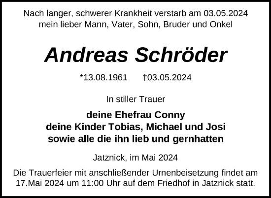 Traueranzeige von Andreas Schröder von Nordkurier Pasewalker Zeitung