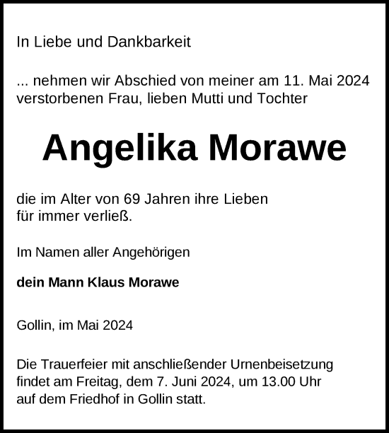 Traueranzeige von Angelika Morawe von Uckermark Kurier Templiner Zeitung