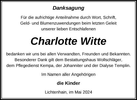 Traueranzeige von Charlotte Witte von Uckermark Kurier Templiner Zeitung